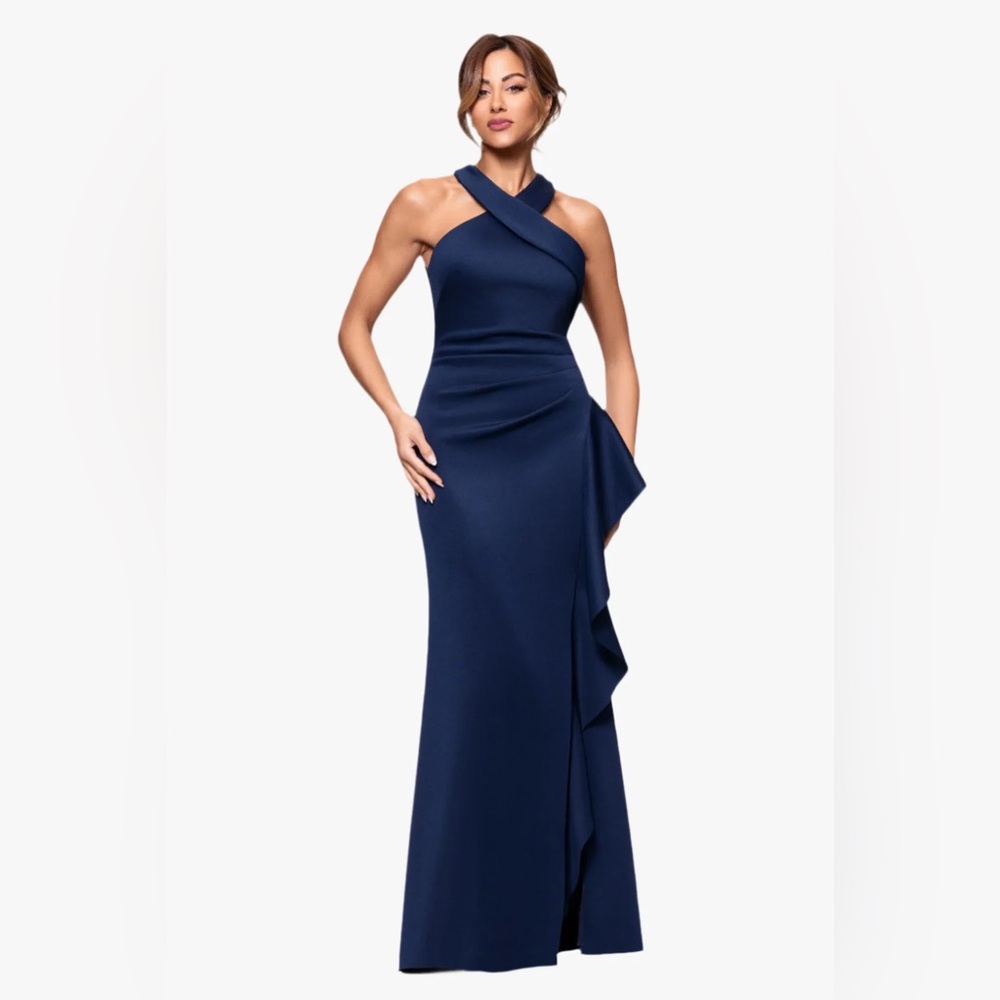 Xscape Blue Halter Neck Ruffle Side Formal Gown Size 16 NWT Evening Black Tie